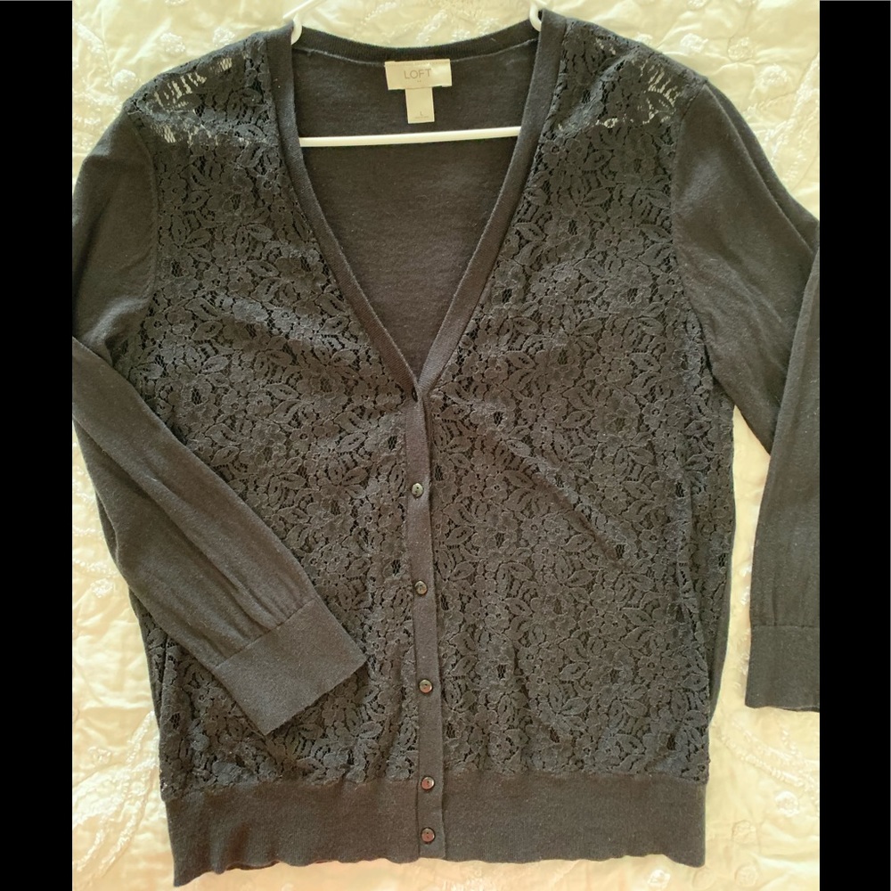 LOFT Black Lace Button up Cardigan Sweater